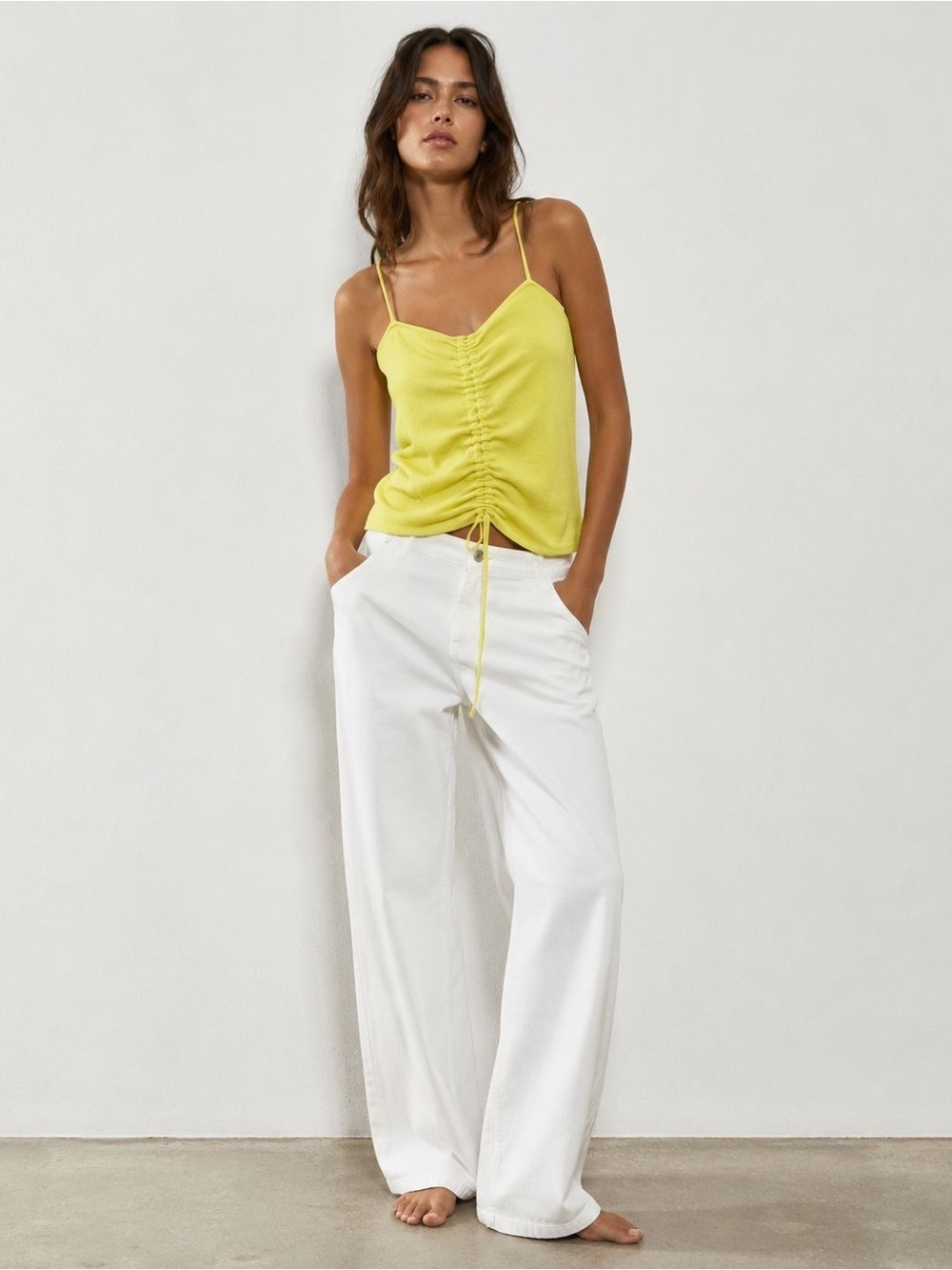 Vibrant Yellow Ruched Drawstring Camisole – Perfect for Summer
